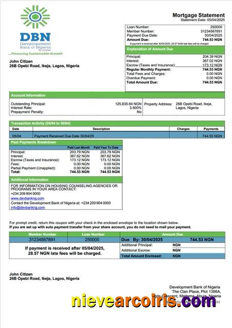 Nigeria Development Bank of Nigeria mortgage statement Word and PDF template